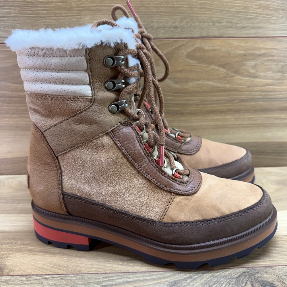 Sorel Lennox Lace Cozy Boots Womens 8.5 Tan Lug Sole Hikers Outdoor Gorpcore